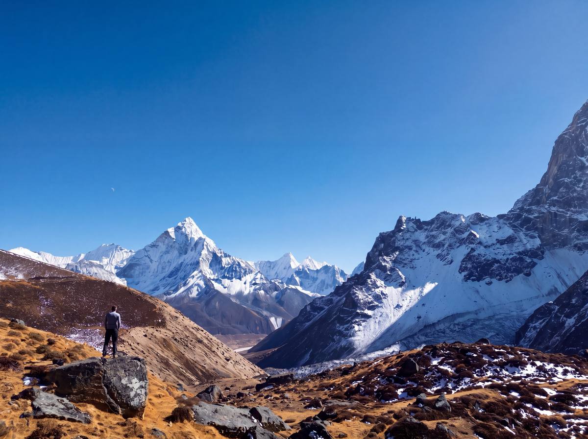 Joris standing on a ridge, facing Ama Dablam above a snowy Khumbu valley under a clear blue sky